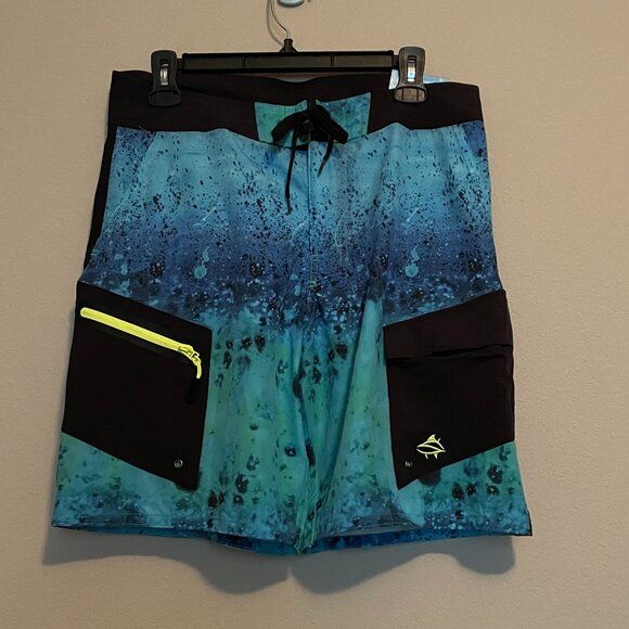 Loco Skailz, Size 32, Mens Swim Trunks, With Underwater Pattern Blue and Black